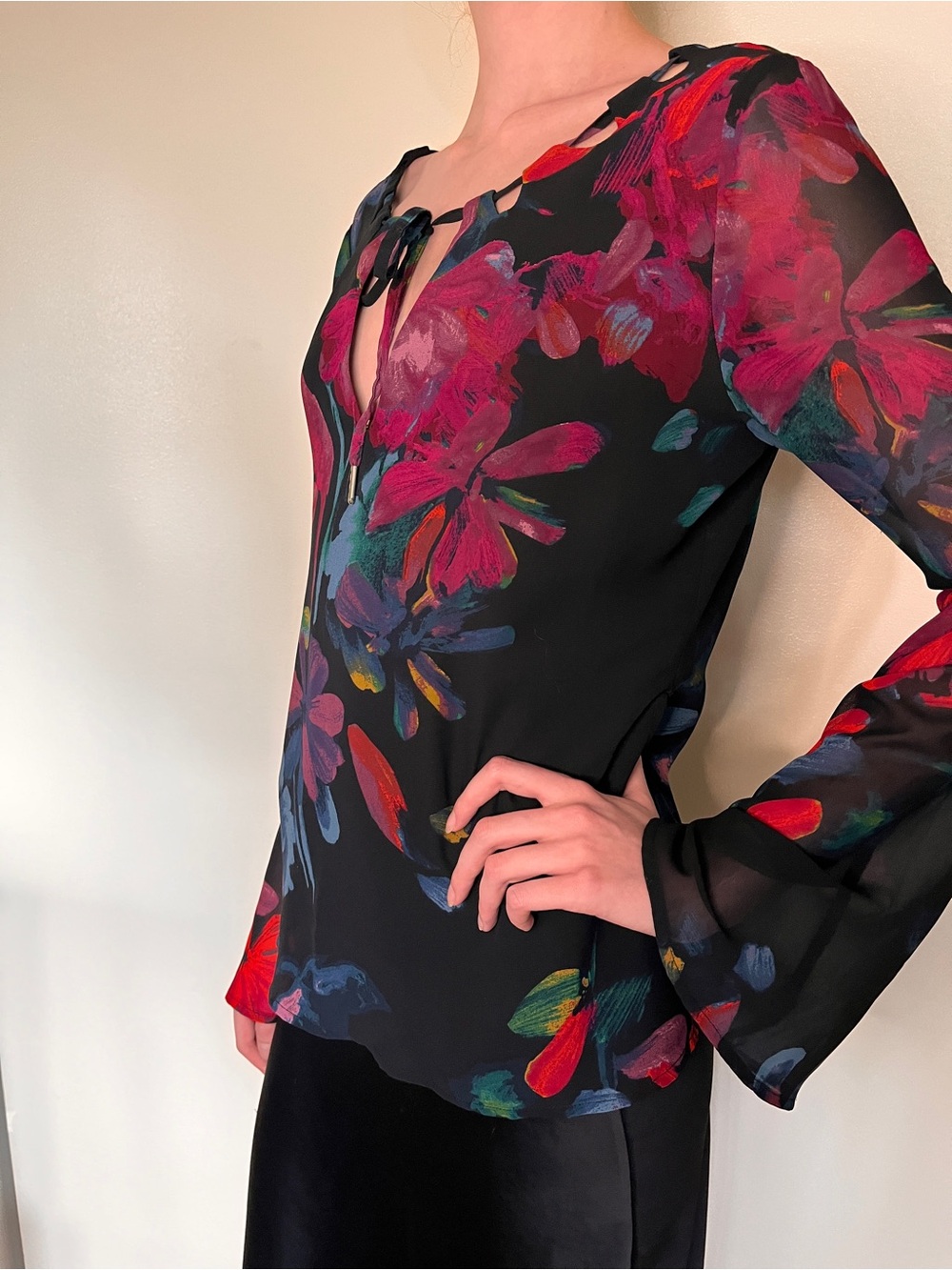 Guess Black Sheer Floral Tie-Neck Blouse with Red & Pink Accents